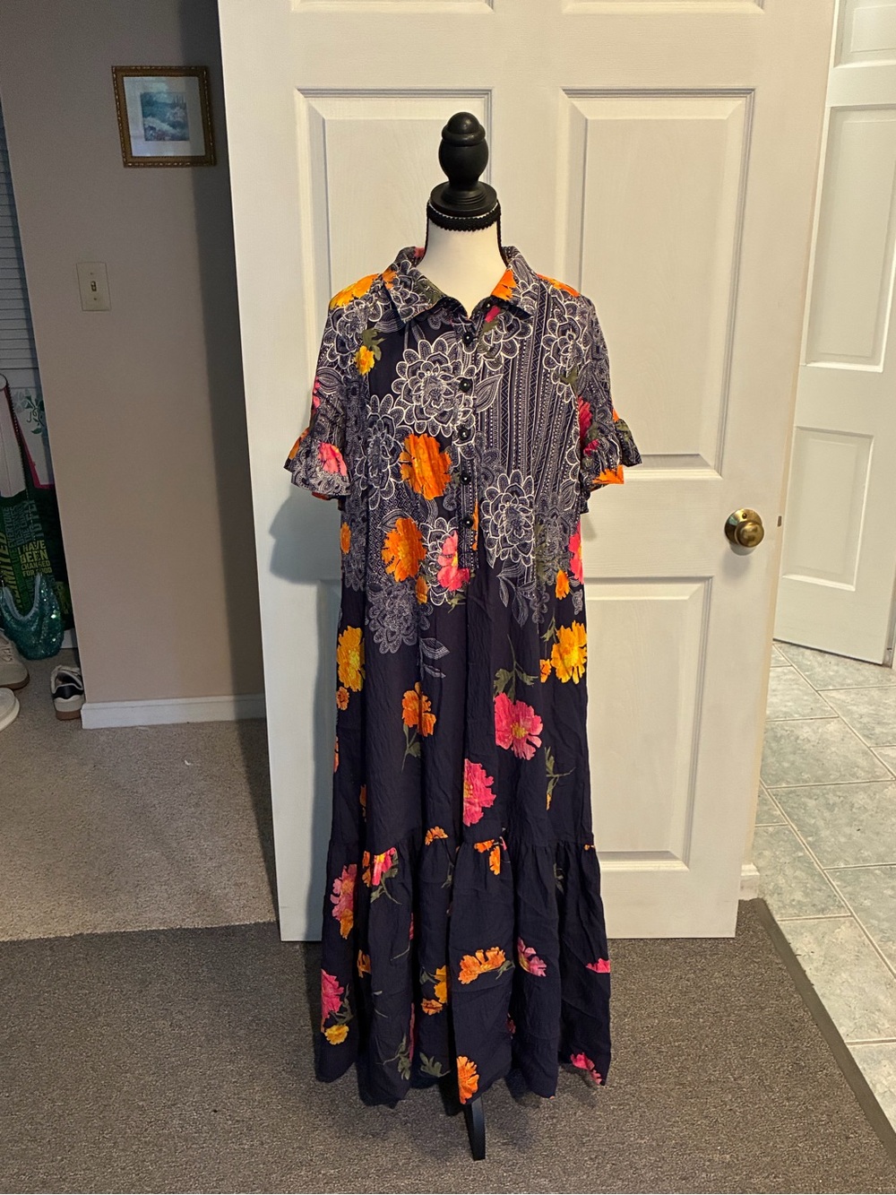 Anthropologie Navy and Floral Ruffle Sleeve dress